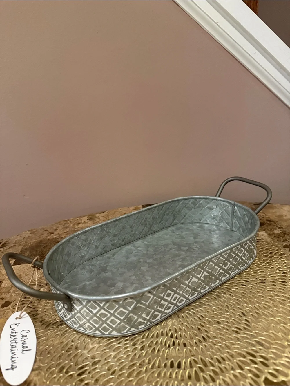 Galvanized Metal Oval Serving Tray with Handles